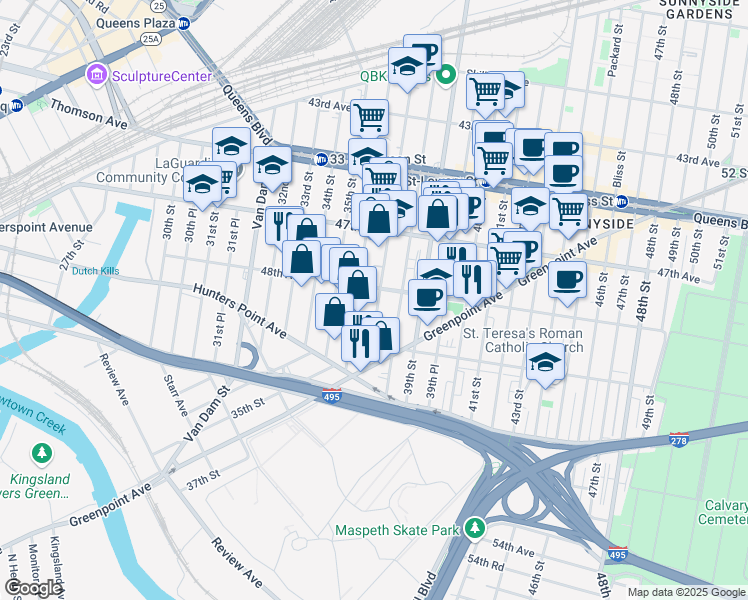 map of restaurants, bars, coffee shops, grocery stores, and more near 48-12A 37th Street in Queens