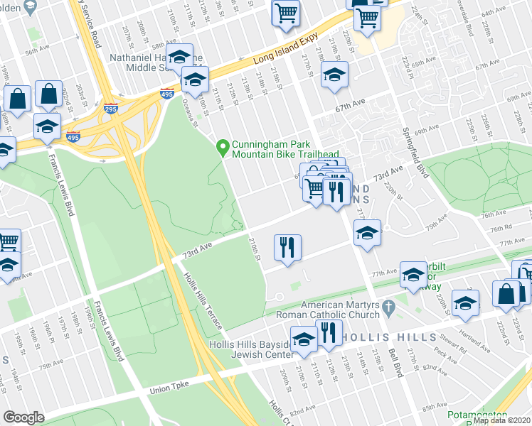 map of restaurants, bars, coffee shops, grocery stores, and more near 211-7 73rd Avenue in Queens