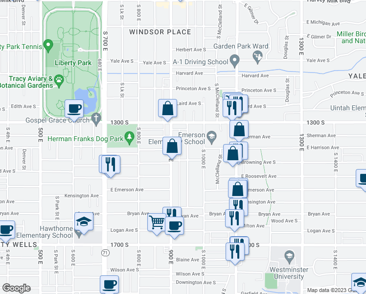 map of restaurants, bars, coffee shops, grocery stores, and more near 1370 Lincoln Street in Salt Lake City