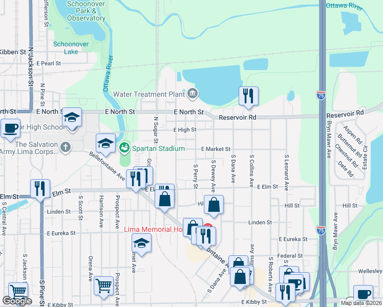 map of restaurants, bars, coffee shops, grocery stores, and more near 1118 East Market Street in Lima