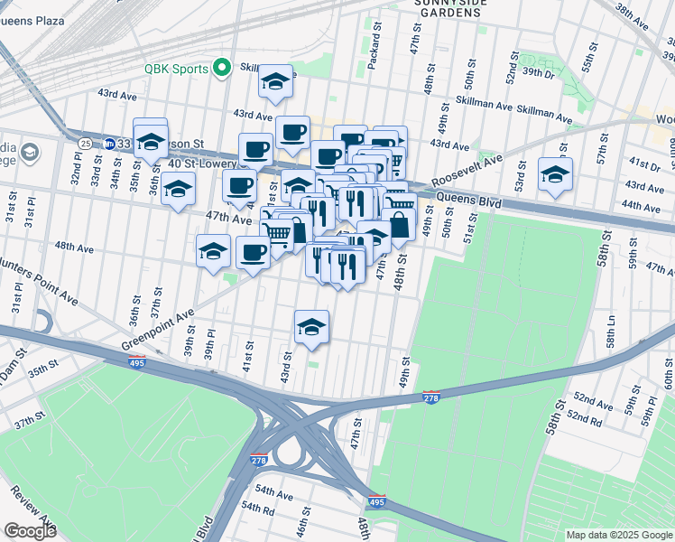 map of restaurants, bars, coffee shops, grocery stores, and more near 47-44 45th Street in Queens