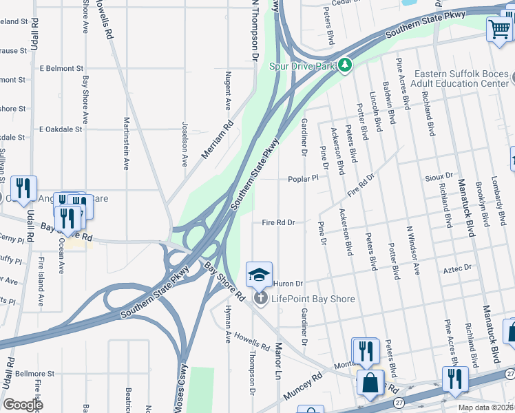 map of restaurants, bars, coffee shops, grocery stores, and more near 1421 Thompson Drive in Bay Shore