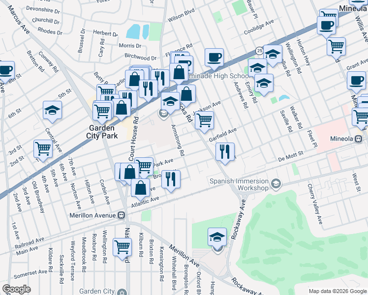 map of restaurants, bars, coffee shops, grocery stores, and more near 238 Bedford Avenue in New Hyde Park