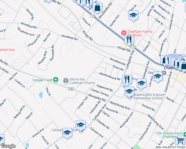 map of restaurants, bars, coffee shops, grocery stores, and more near 33 Rose Terrace in Chatham Township
