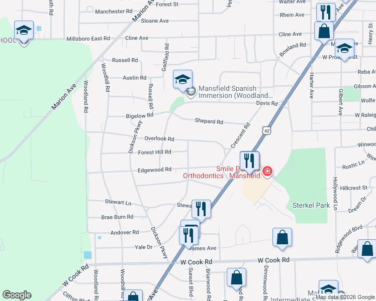 map of restaurants, bars, coffee shops, grocery stores, and more near 695 South Andover Road in Mansfield