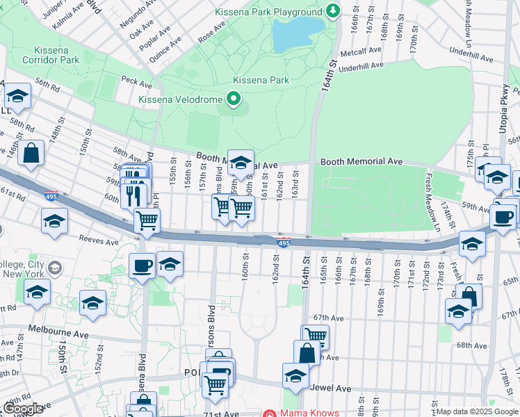 map of restaurants, bars, coffee shops, grocery stores, and more near 59-14 161 Street in Queens