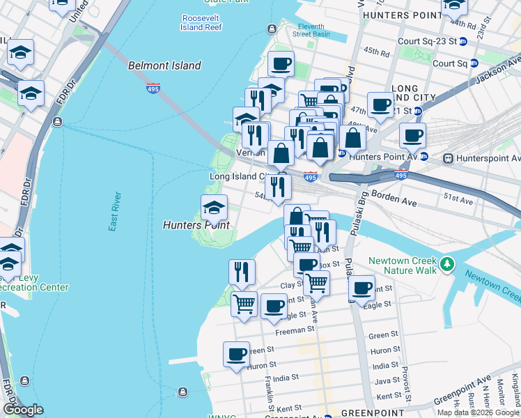 map of restaurants, bars, coffee shops, grocery stores, and more near 2 55th Avenue in Queens