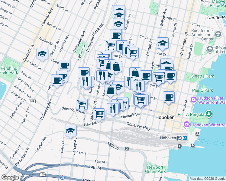 map of restaurants, bars, coffee shops, grocery stores, and more near 509 2nd Street in Hoboken