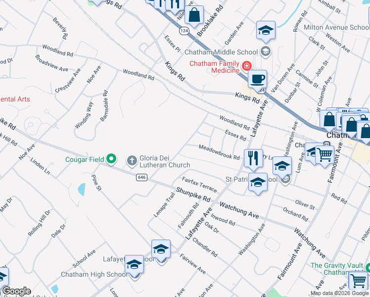 map of restaurants, bars, coffee shops, grocery stores, and more near 33 Rose Terrace in Chatham Township