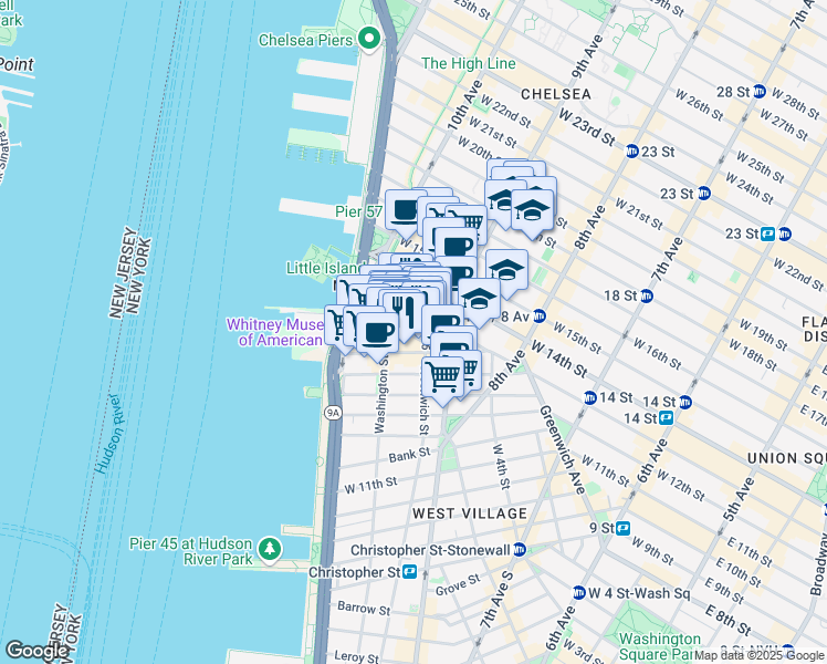 map of restaurants, bars, coffee shops, grocery stores, and more near 15 Little West 12th Street in New York