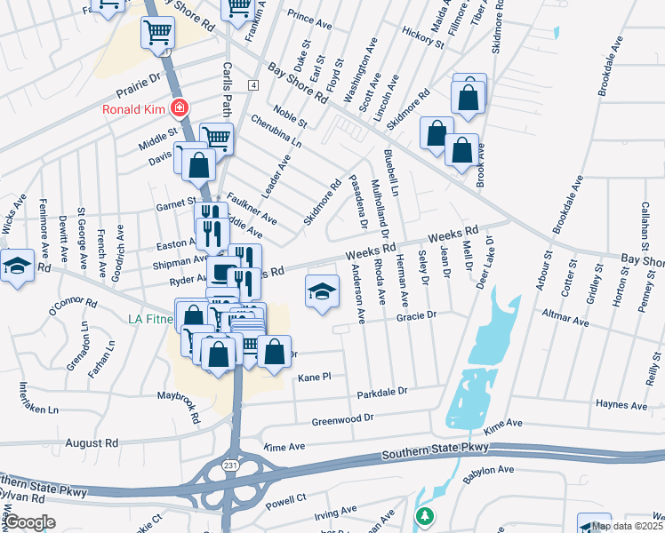 map of restaurants, bars, coffee shops, grocery stores, and more near 69 Primrose Lane in North Babylon