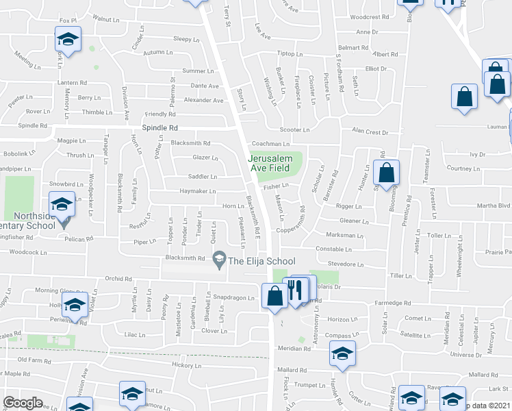 map of restaurants, bars, coffee shops, grocery stores, and more near 111 Blacksmith Road East in Levittown