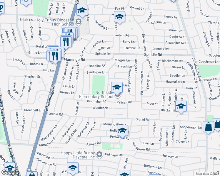 map of restaurants, bars, coffee shops, grocery stores, and more near 62 Kingfisher Road in Levittown