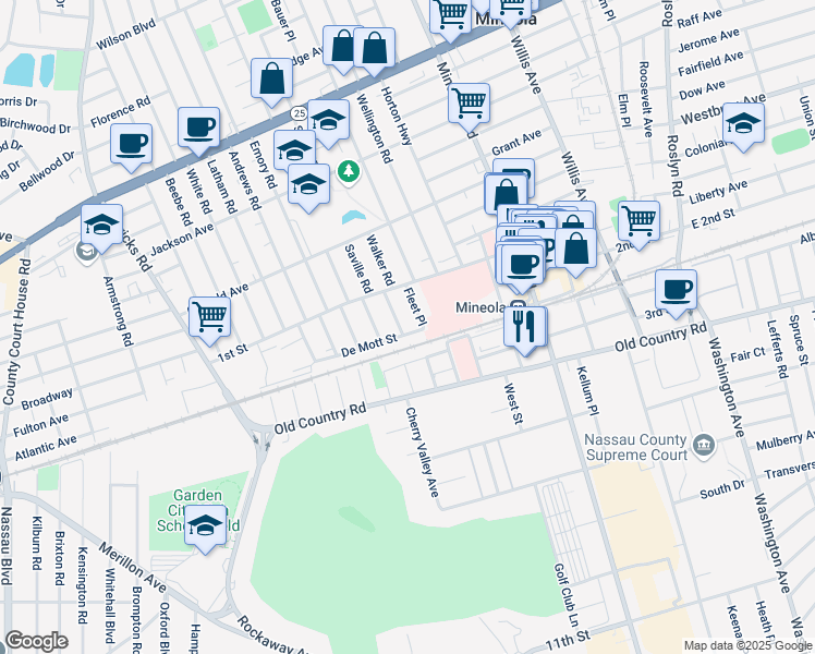 map of restaurants, bars, coffee shops, grocery stores, and more near 91 Woodnut Place in Mineola