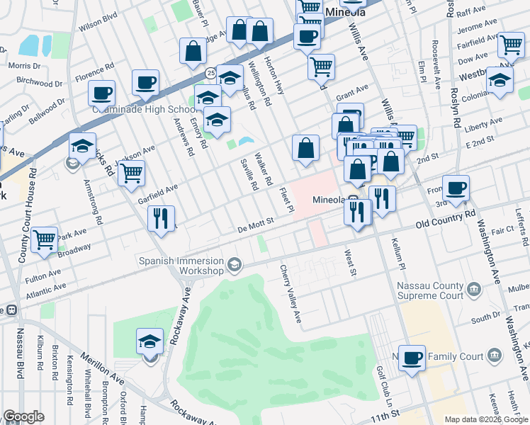 map of restaurants, bars, coffee shops, grocery stores, and more near 91 Woodnut Place in Mineola