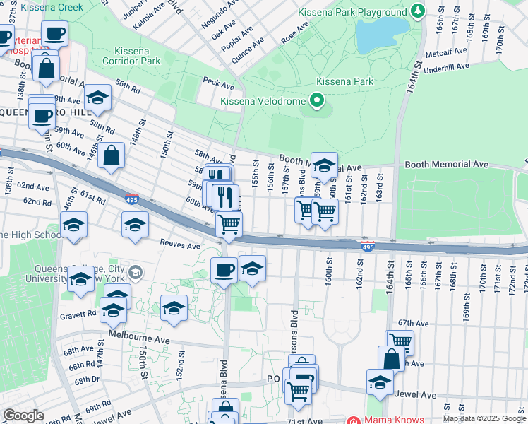 map of restaurants, bars, coffee shops, grocery stores, and more near 59-19 156th Street in Queens