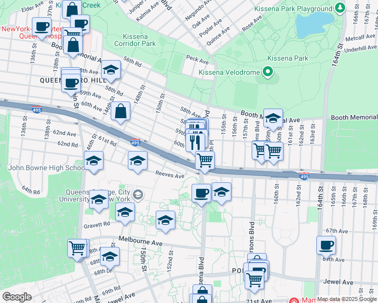 map of restaurants, bars, coffee shops, grocery stores, and more near 153-22 60th Avenue in Queens