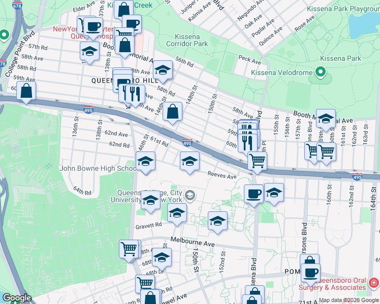map of restaurants, bars, coffee shops, grocery stores, and more near 148-30 61st Road in Queens