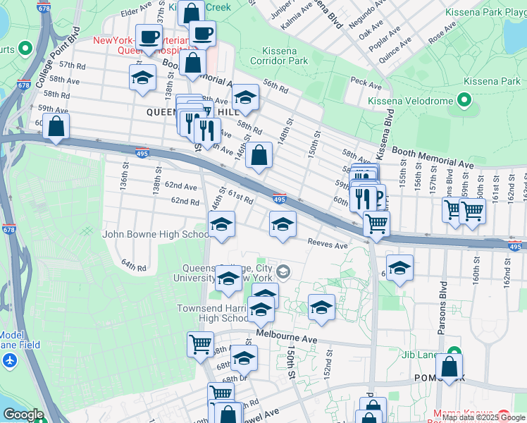 map of restaurants, bars, coffee shops, grocery stores, and more near 148-30 61st Road in Queens