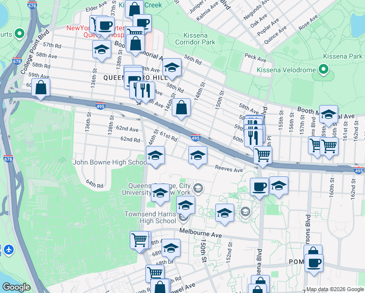 map of restaurants, bars, coffee shops, grocery stores, and more near 148-30 61st Road in Queens