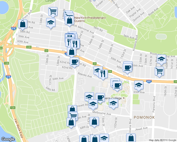 map of restaurants, bars, coffee shops, grocery stores, and more near 40 148th Street in Queens