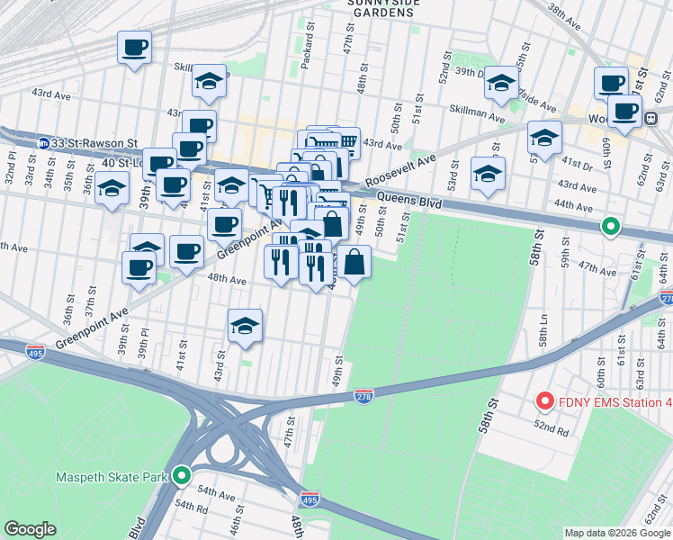 map of restaurants, bars, coffee shops, grocery stores, and more near 47-25 48th Street in Queens