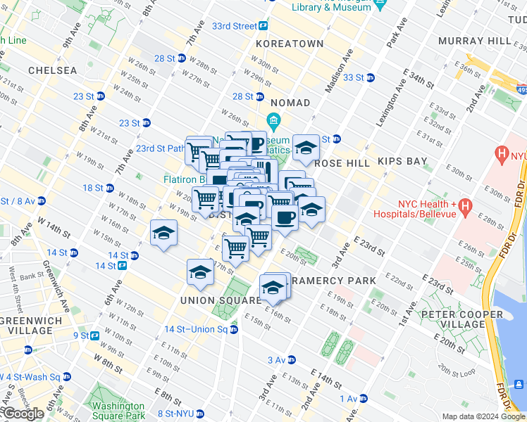 map of restaurants, bars, coffee shops, grocery stores, and more near 928 Broadway in New York