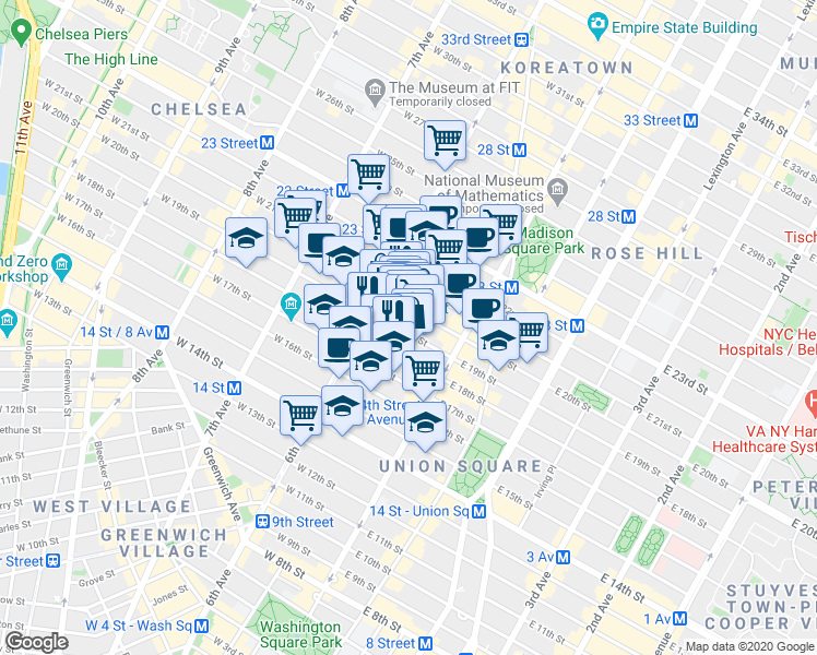 map of restaurants, bars, coffee shops, grocery stores, and more near 636 6th Avenue in New York