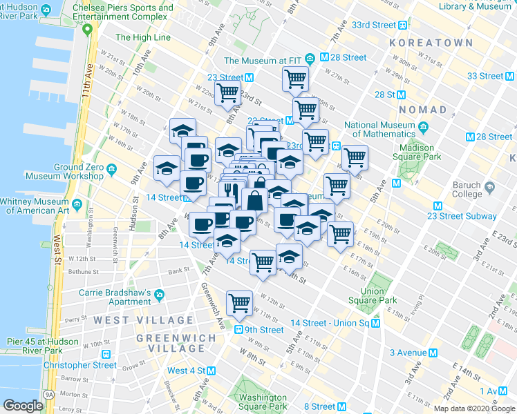 map of restaurants, bars, coffee shops, grocery stores, and more near in New York