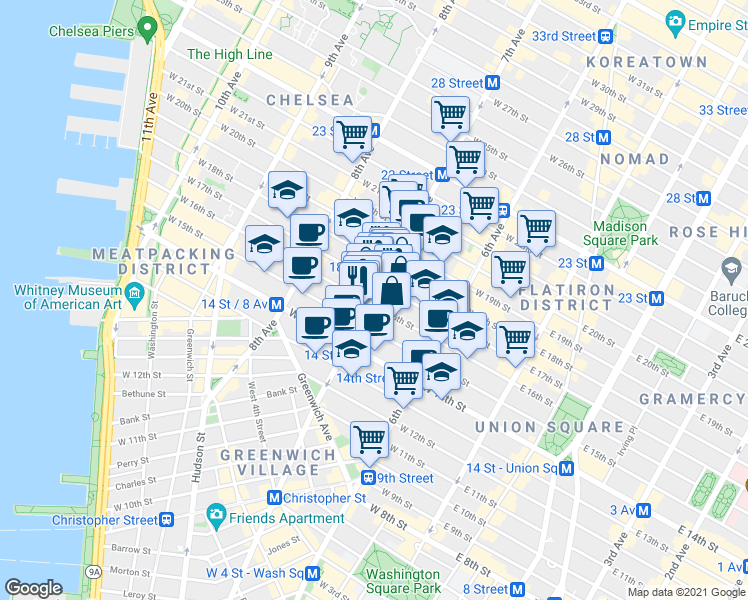 map of restaurants, bars, coffee shops, grocery stores, and more near in New York
