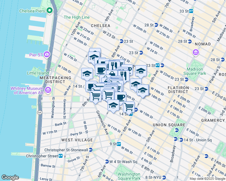 map of restaurants, bars, coffee shops, grocery stores, and more near 210 West 16th Street in New York