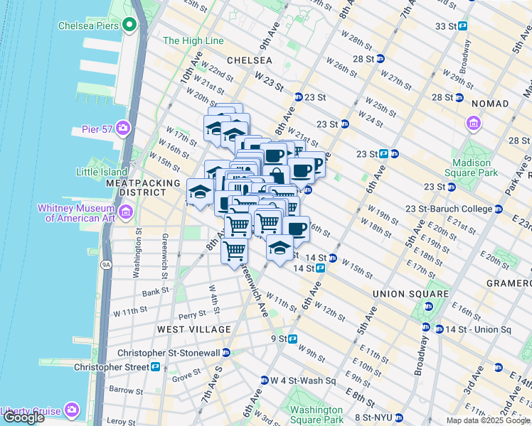 map of restaurants, bars, coffee shops, grocery stores, and more near 228 West 15th Street in New York