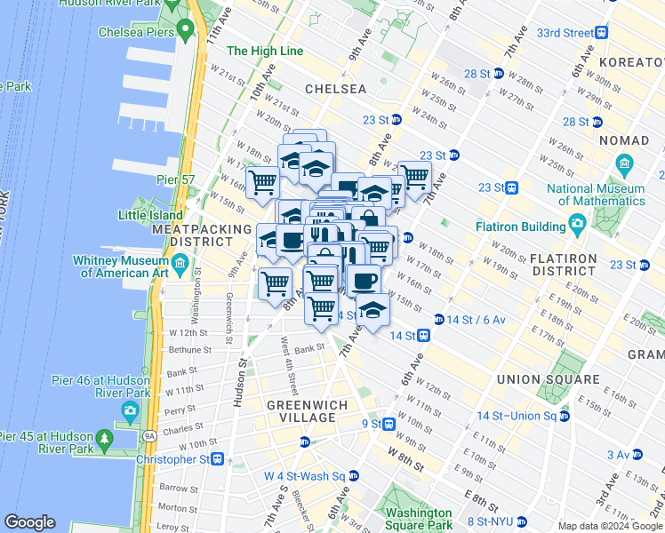 map of restaurants, bars, coffee shops, grocery stores, and more near 228 West 15th Street in New York