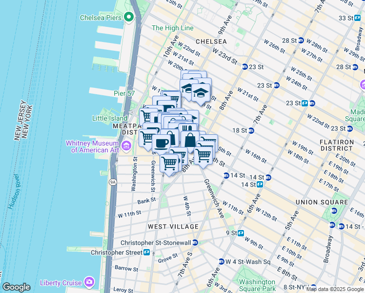 map of restaurants, bars, coffee shops, grocery stores, and more near 2 Gansevoort Street in New York