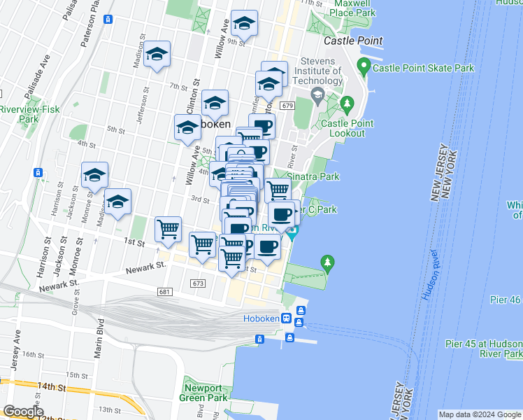 map of restaurants, bars, coffee shops, grocery stores, and more near 56 3rd Street in Hoboken