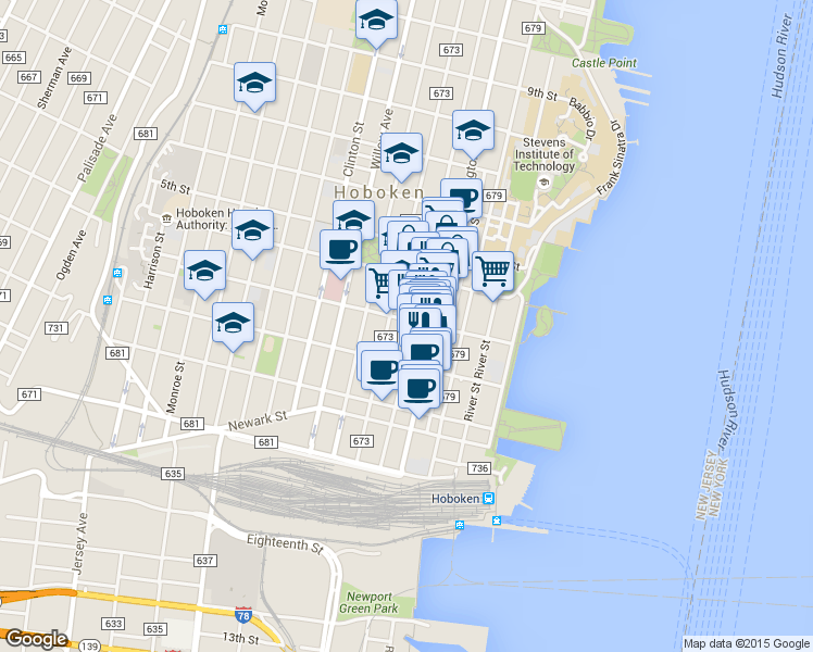 map of restaurants, bars, coffee shops, grocery stores, and more near 235 Bloomfield Street in Hoboken
