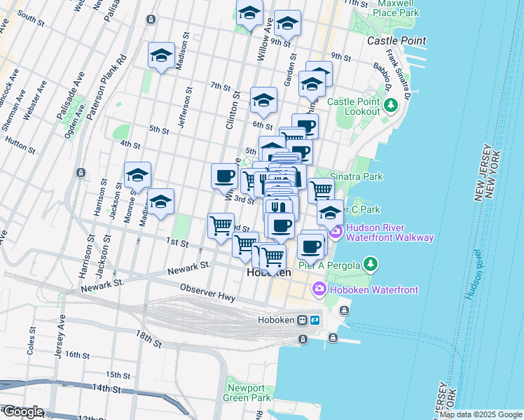 map of restaurants, bars, coffee shops, grocery stores, and more near 235 Bloomfield Street in Hoboken