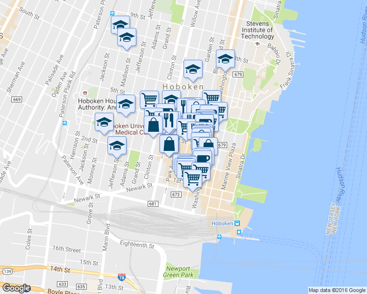 map of restaurants, bars, coffee shops, grocery stores, and more near 223 Park Avenue in Hoboken