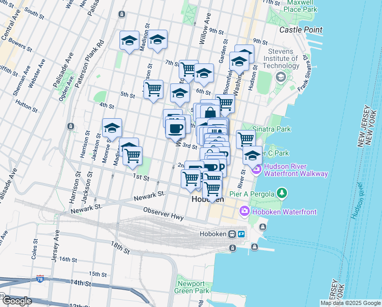 map of restaurants, bars, coffee shops, grocery stores, and more near 223 Park Avenue in Hoboken