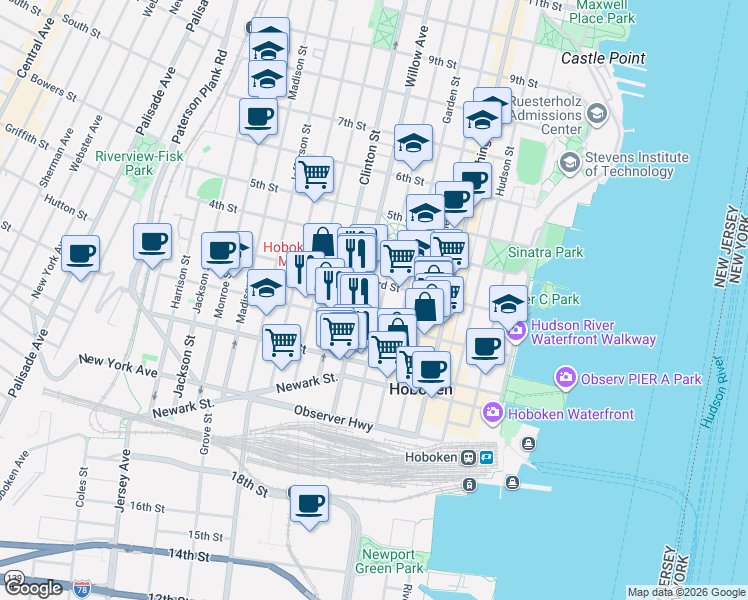 map of restaurants, bars, coffee shops, grocery stores, and more near 309 2nd Street in Hoboken
