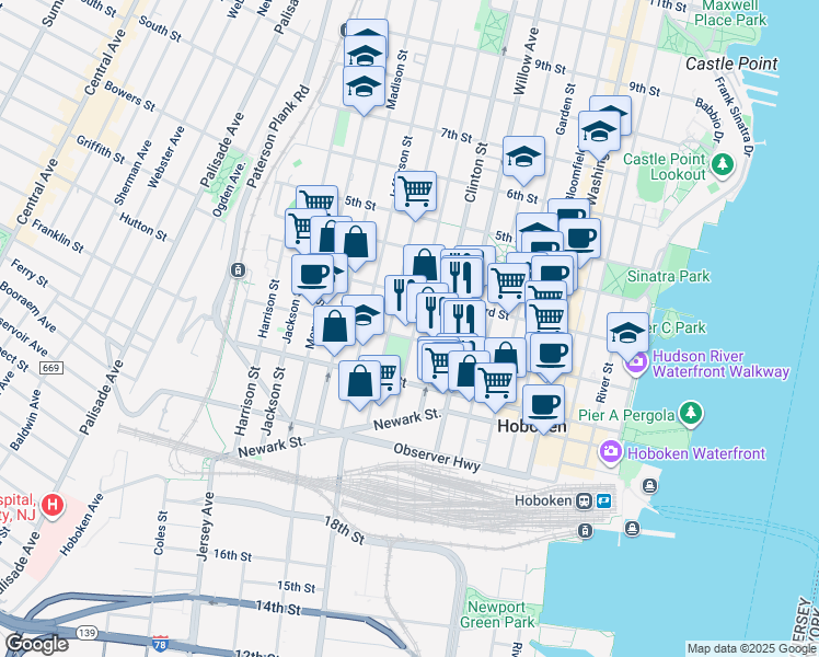 map of restaurants, bars, coffee shops, grocery stores, and more near in Hoboken