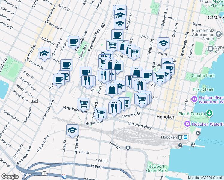 map of restaurants, bars, coffee shops, grocery stores, and more near 509 2nd Street in Hoboken