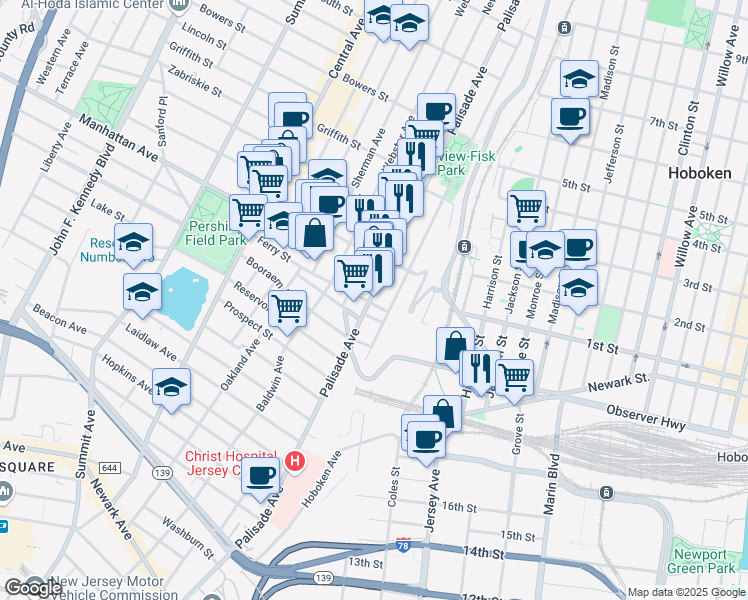 map of restaurants, bars, coffee shops, grocery stores, and more near 161 Ogden Avenue in Jersey City