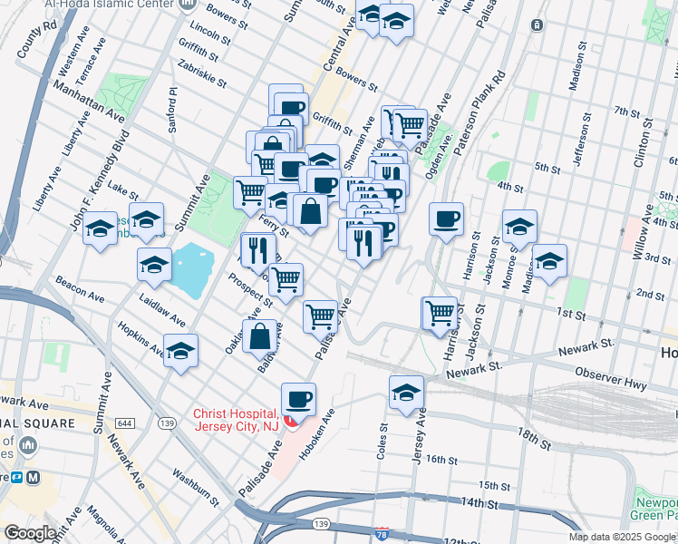 map of restaurants, bars, coffee shops, grocery stores, and more near 325 Palisade Avenue in Jersey City