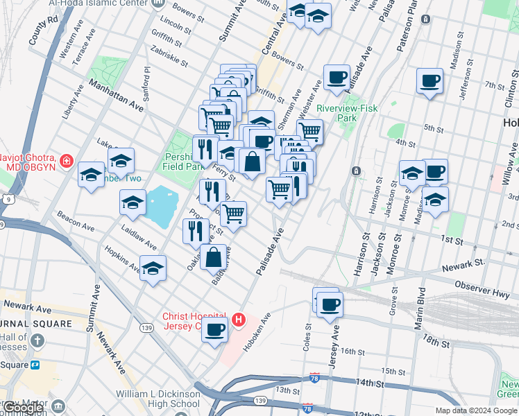 map of restaurants, bars, coffee shops, grocery stores, and more near 31 Ravine Avenue in Jersey City