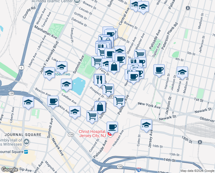 map of restaurants, bars, coffee shops, grocery stores, and more near 91 Booraem Avenue in Jersey City