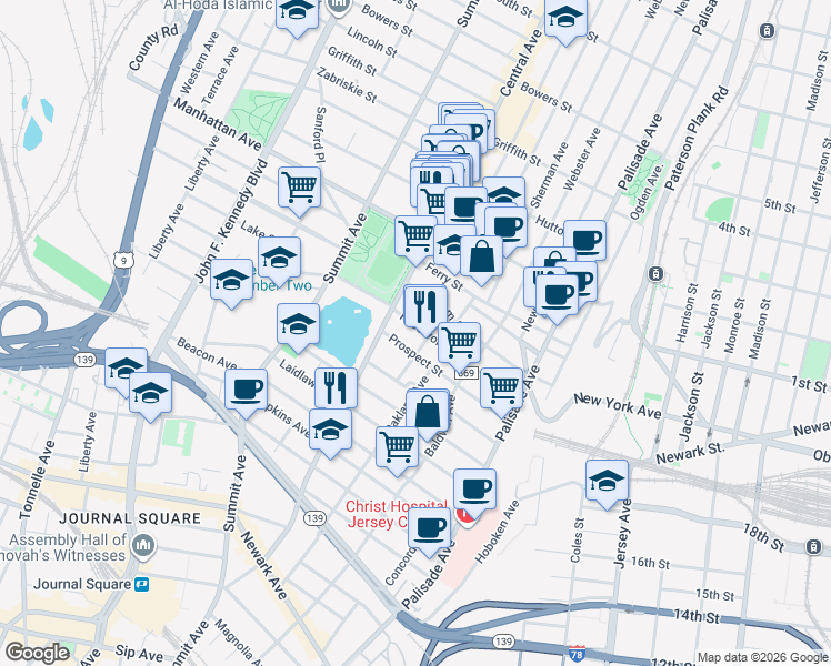 map of restaurants, bars, coffee shops, grocery stores, and more near 91 Reservoir Avenue in Jersey City