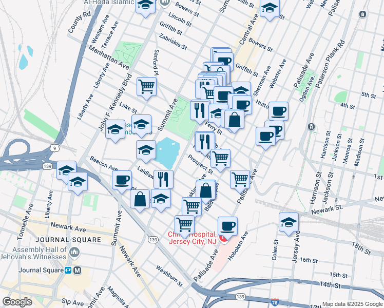 map of restaurants, bars, coffee shops, grocery stores, and more near 152 Central Avenue in Jersey City