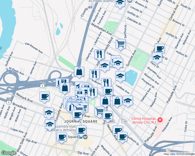map of restaurants, bars, coffee shops, grocery stores, and more near 3140 John F. Kennedy Boulevard in Jersey City