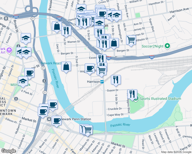 map of restaurants, bars, coffee shops, grocery stores, and more near 301 Somerset Street in Harrison